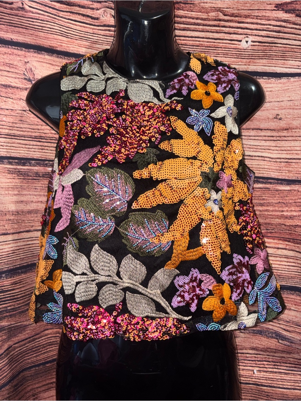 Fate Sequined Floral Crop Top in Black, Gold, Pink & Purple